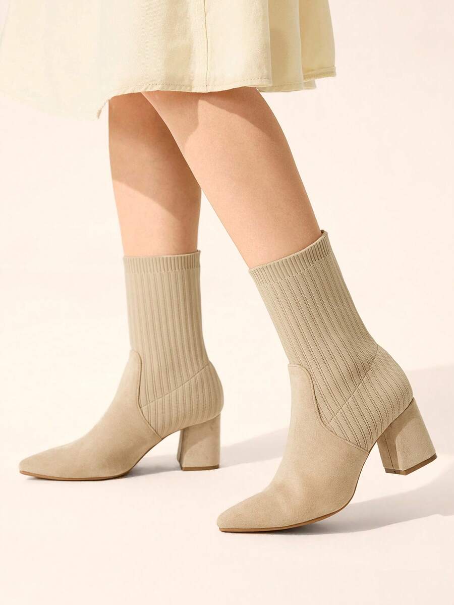 Pointed Toe Stretch Block Heel Ankle Boots