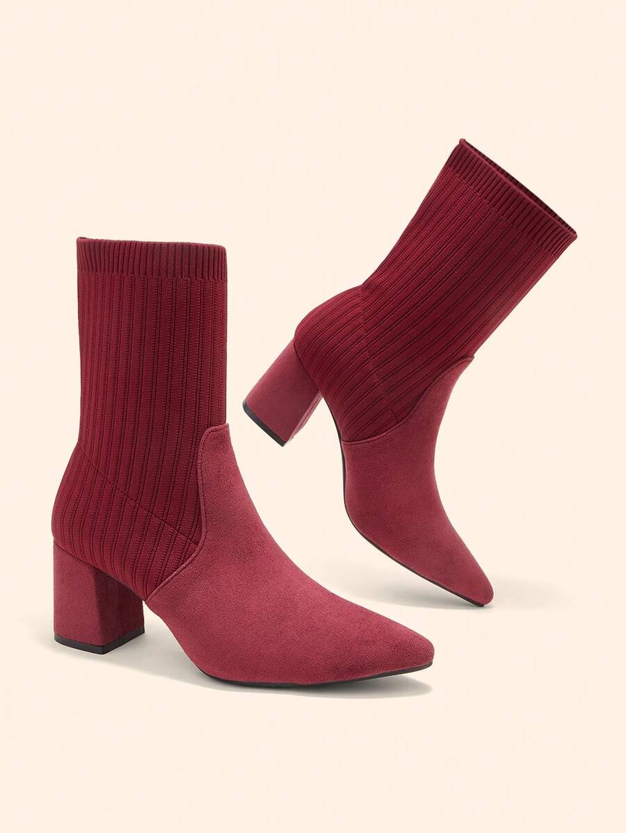 Pointed Toe Stretch Block Heel Ankle Boots