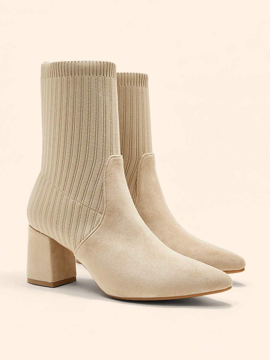 Pointed Toe Stretch Block Heel Ankle Boots