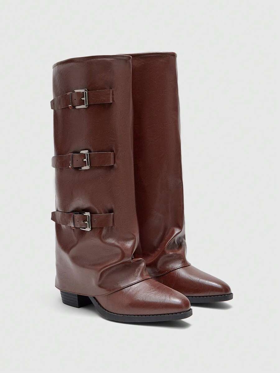 Fold Over Square Toe Knee High Boots