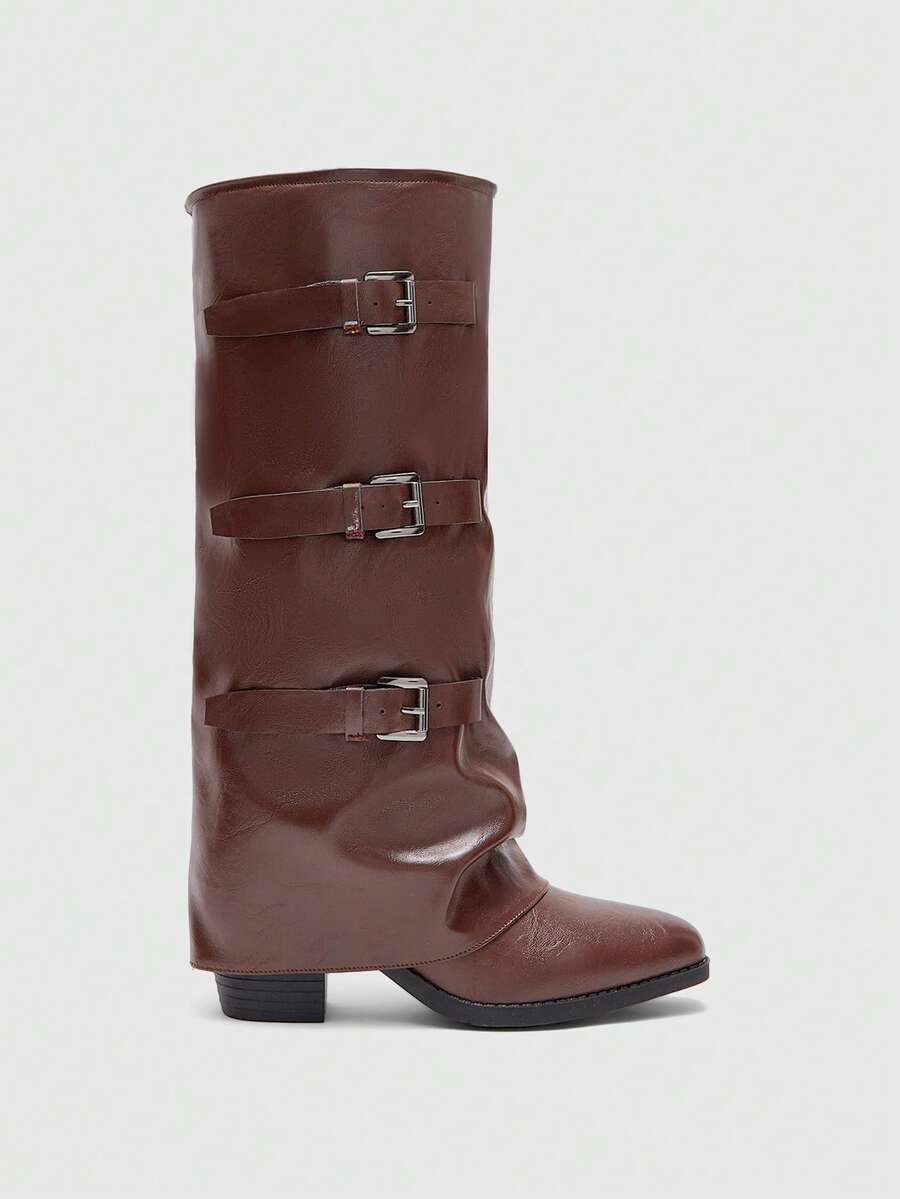Fold Over Square Toe Knee High Boots