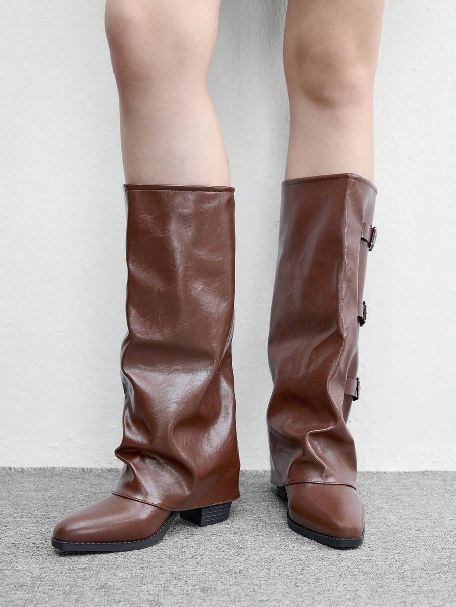 Fold Over Square Toe Knee High Boots