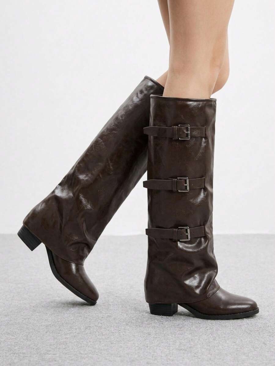 Fold Over Square Toe Knee High Boots