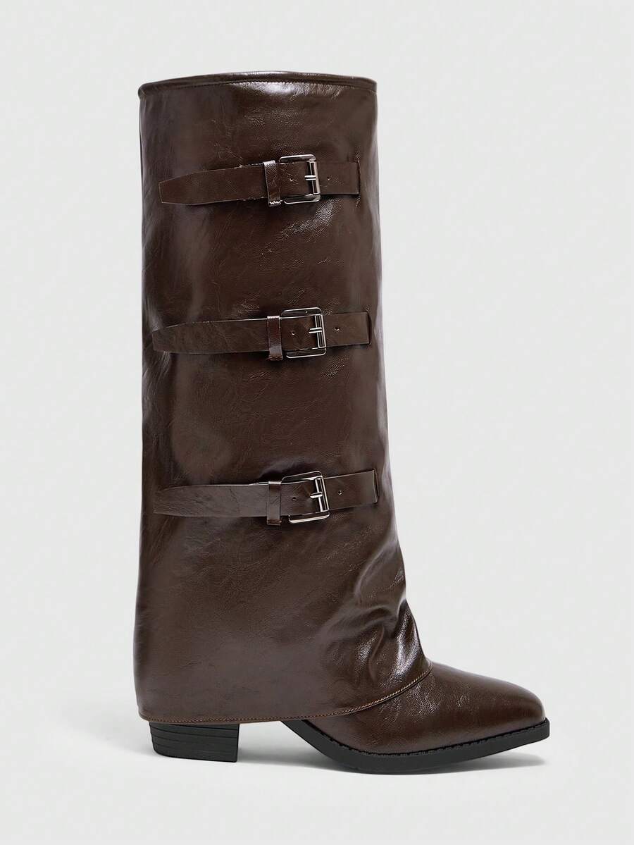 Fold Over Square Toe Knee High Boots