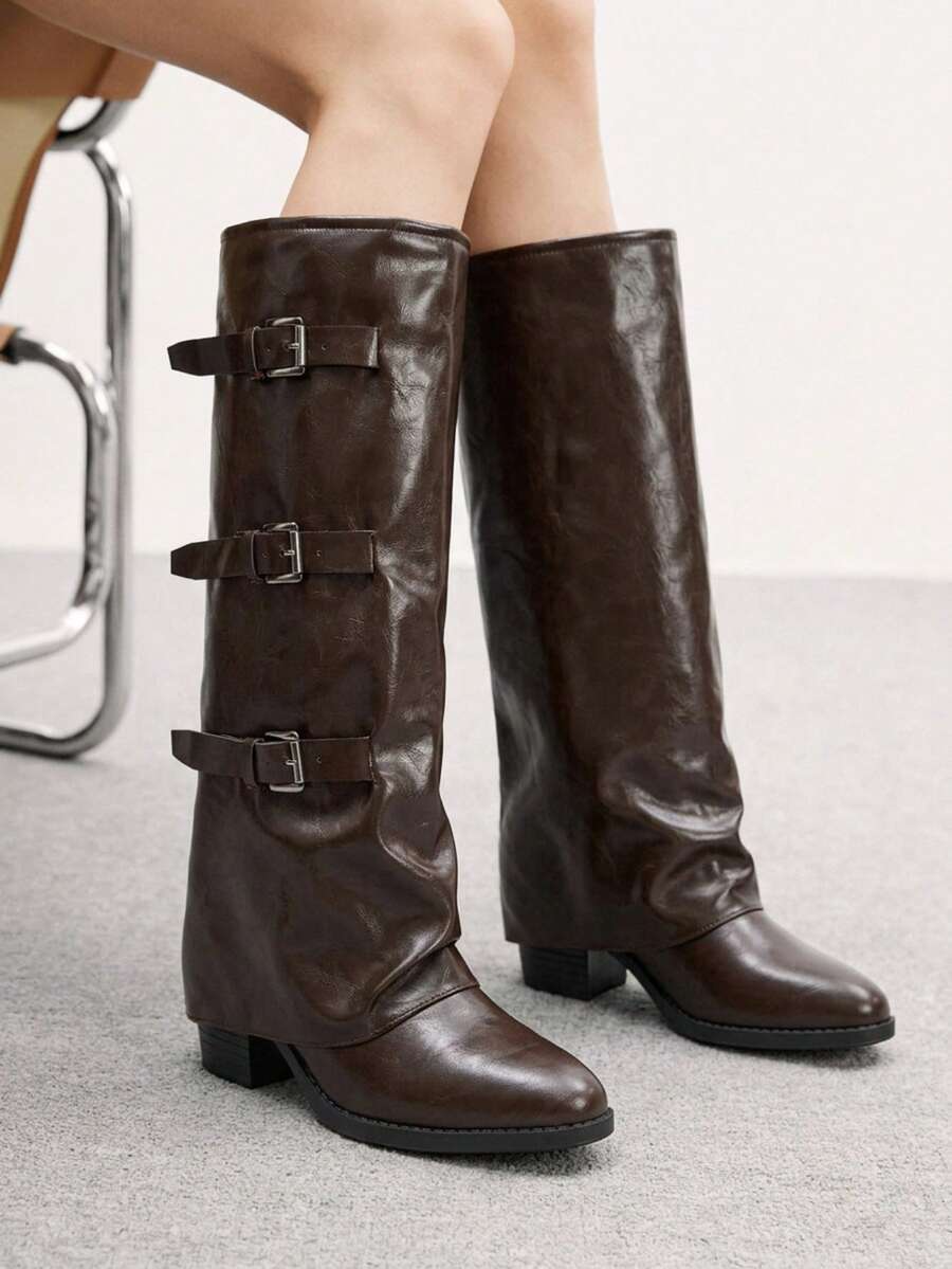 Fold Over Square Toe Knee High Boots