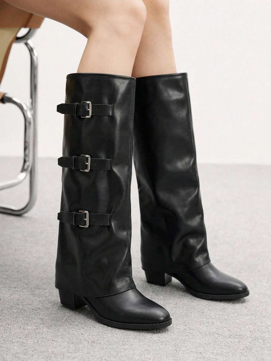 Fold Over Square Toe Knee High Boots