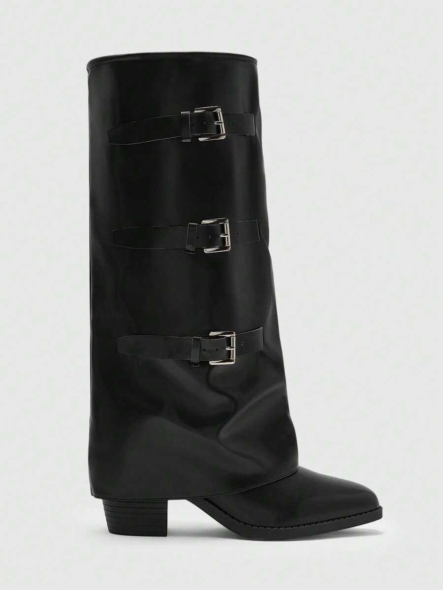 Fold Over Square Toe Knee High Boots