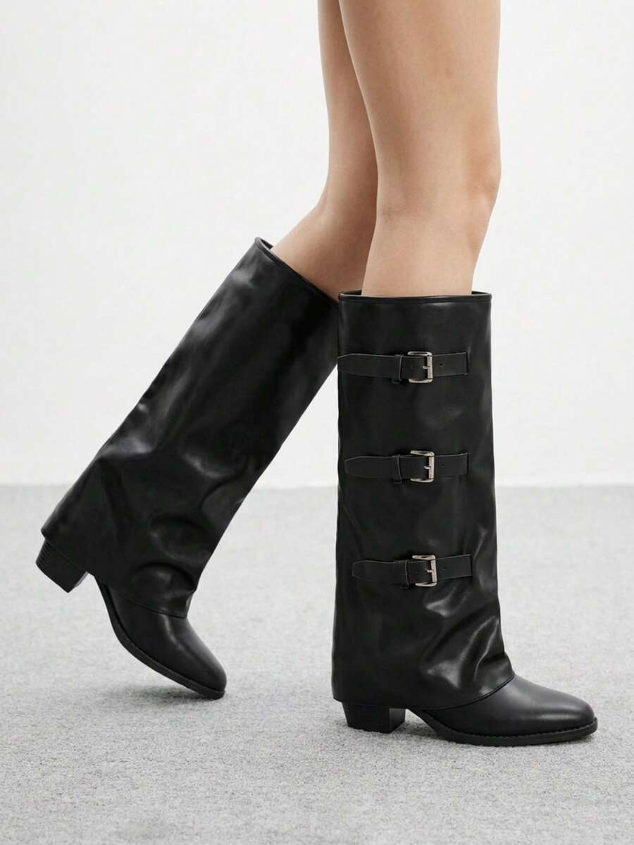 Fold Over Square Toe Knee High Boots