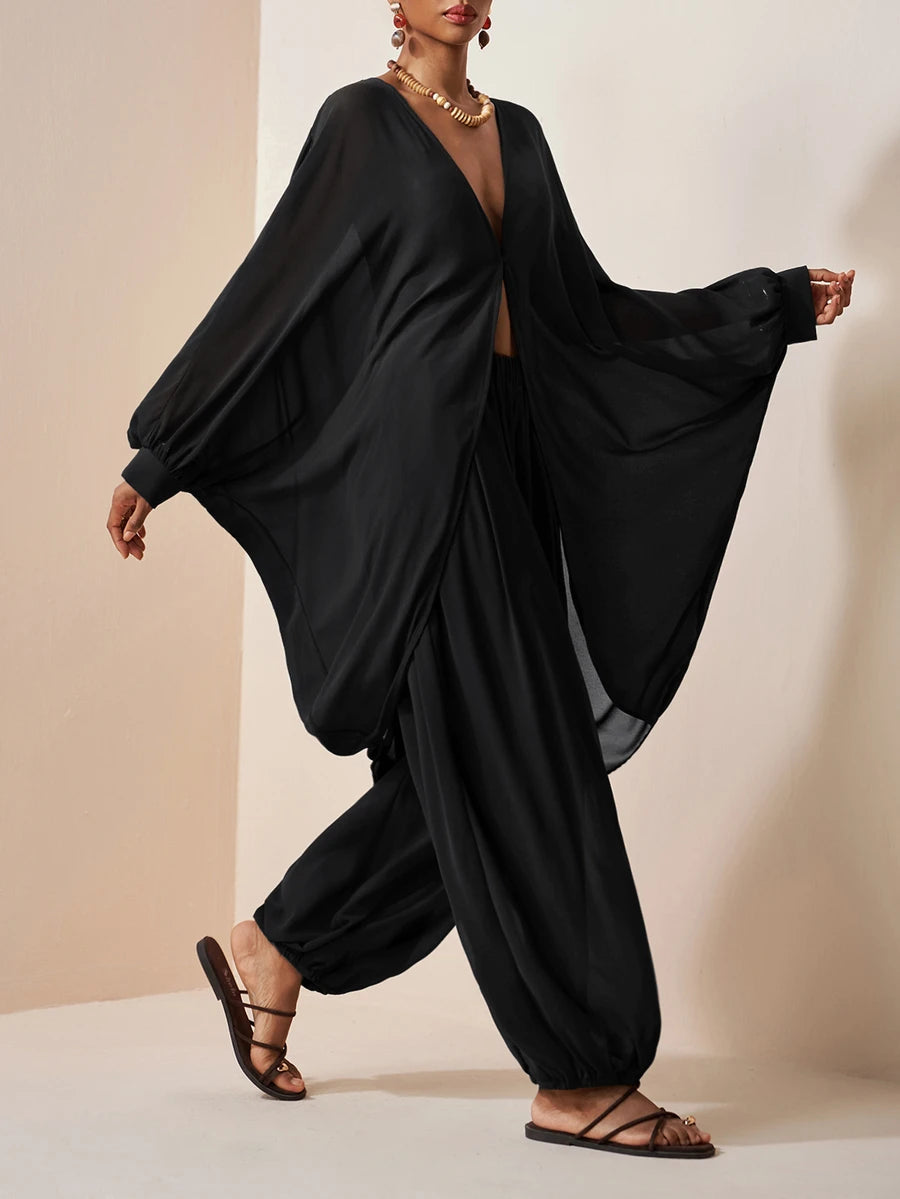 Chiffon V Neck Blouse and Pants Set