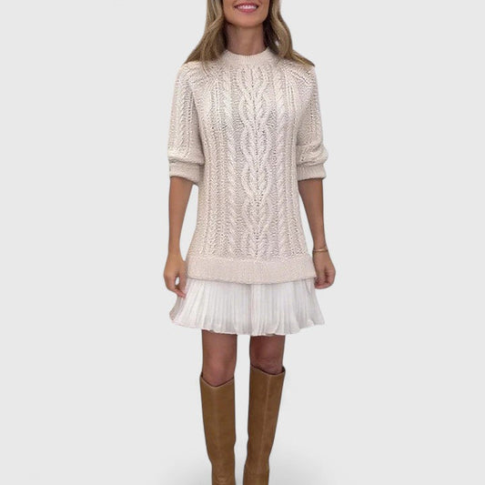 Cable Knit Pleated Hem Sweater Dress