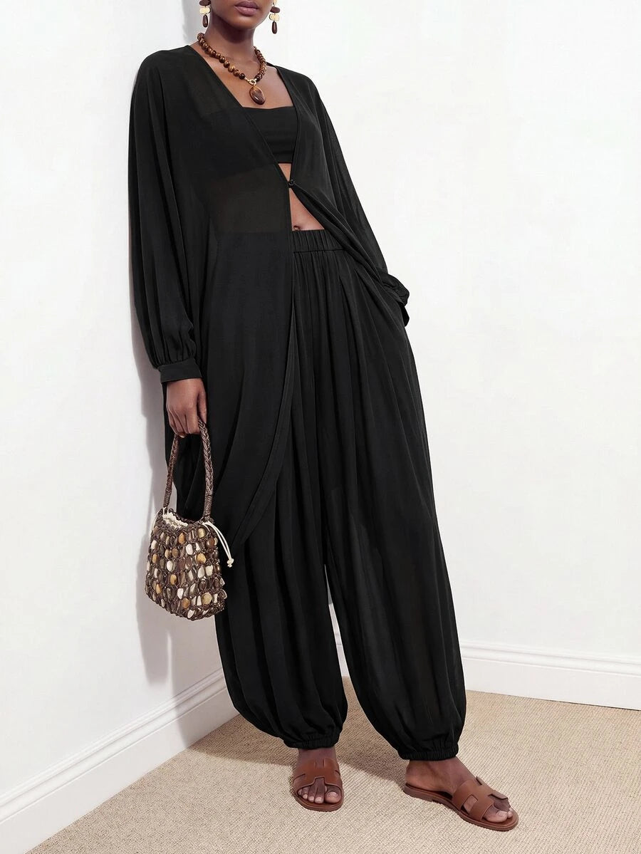 Chiffon V Neck Blouse and Pants Set