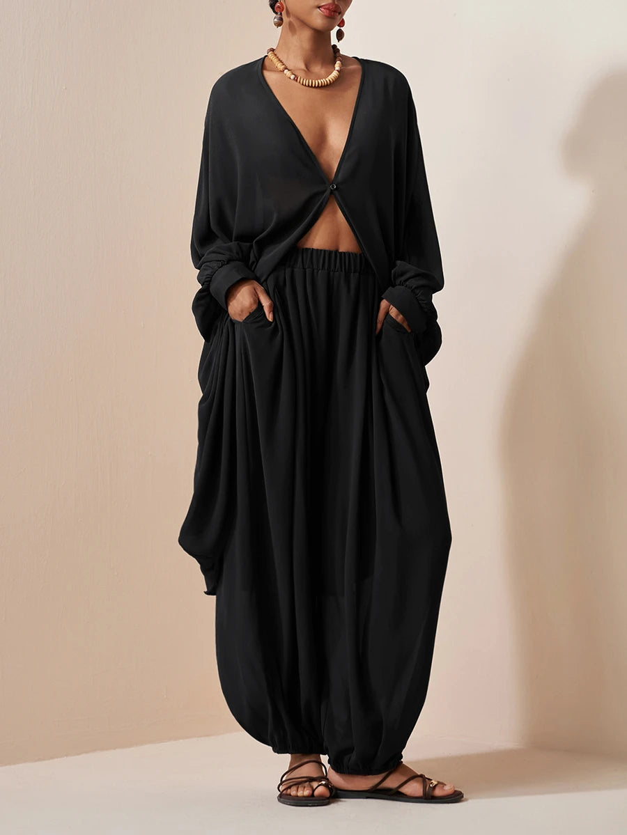 Chiffon V Neck Blouse and Pants Set