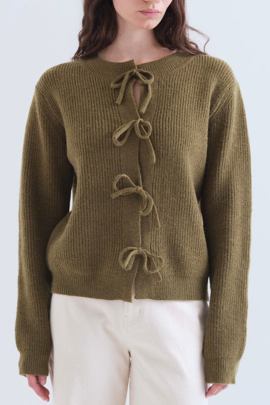 Olive Green Knit Cardigan with Ties