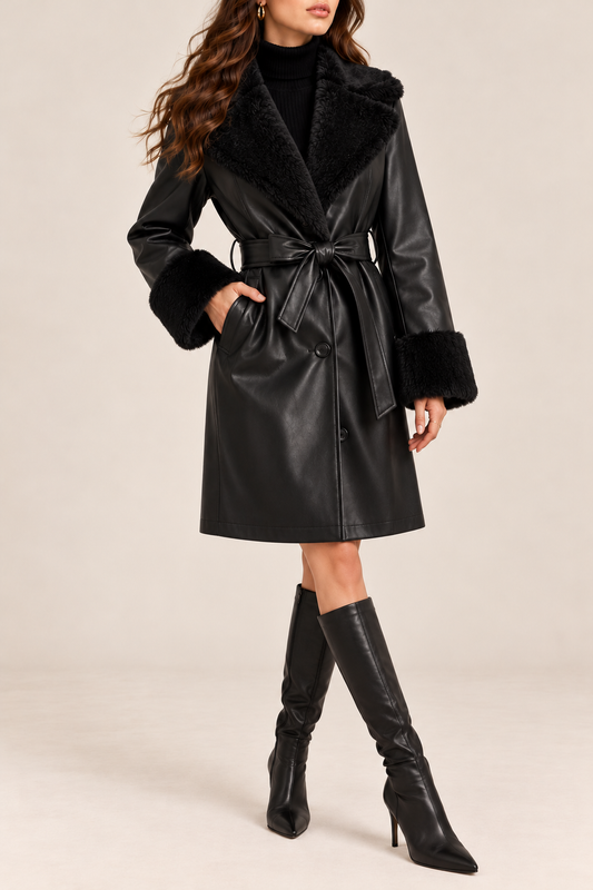 Faux Fur Panel PU Leather Trench Coat