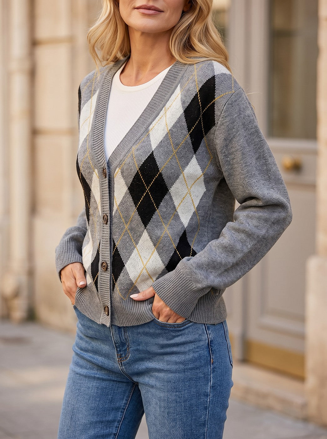 Argyle Cardigan with Ribbed Trim