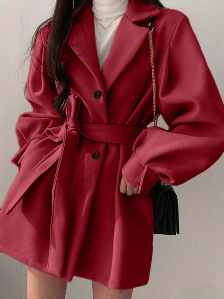 Belted Tweed Double Breasted Long Jacket