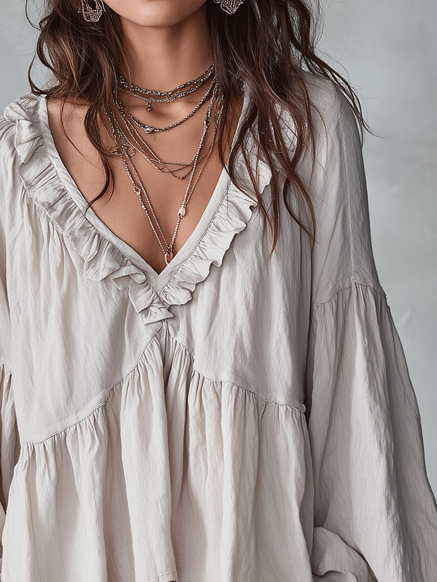 Ruffle V Neck Tiered Blouse with Balloon Sleeves