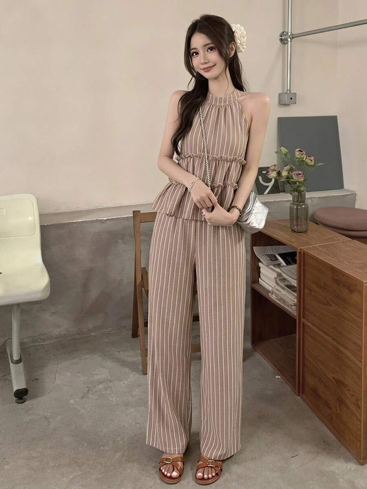 Striped Frill Halter Top and Pants Set
