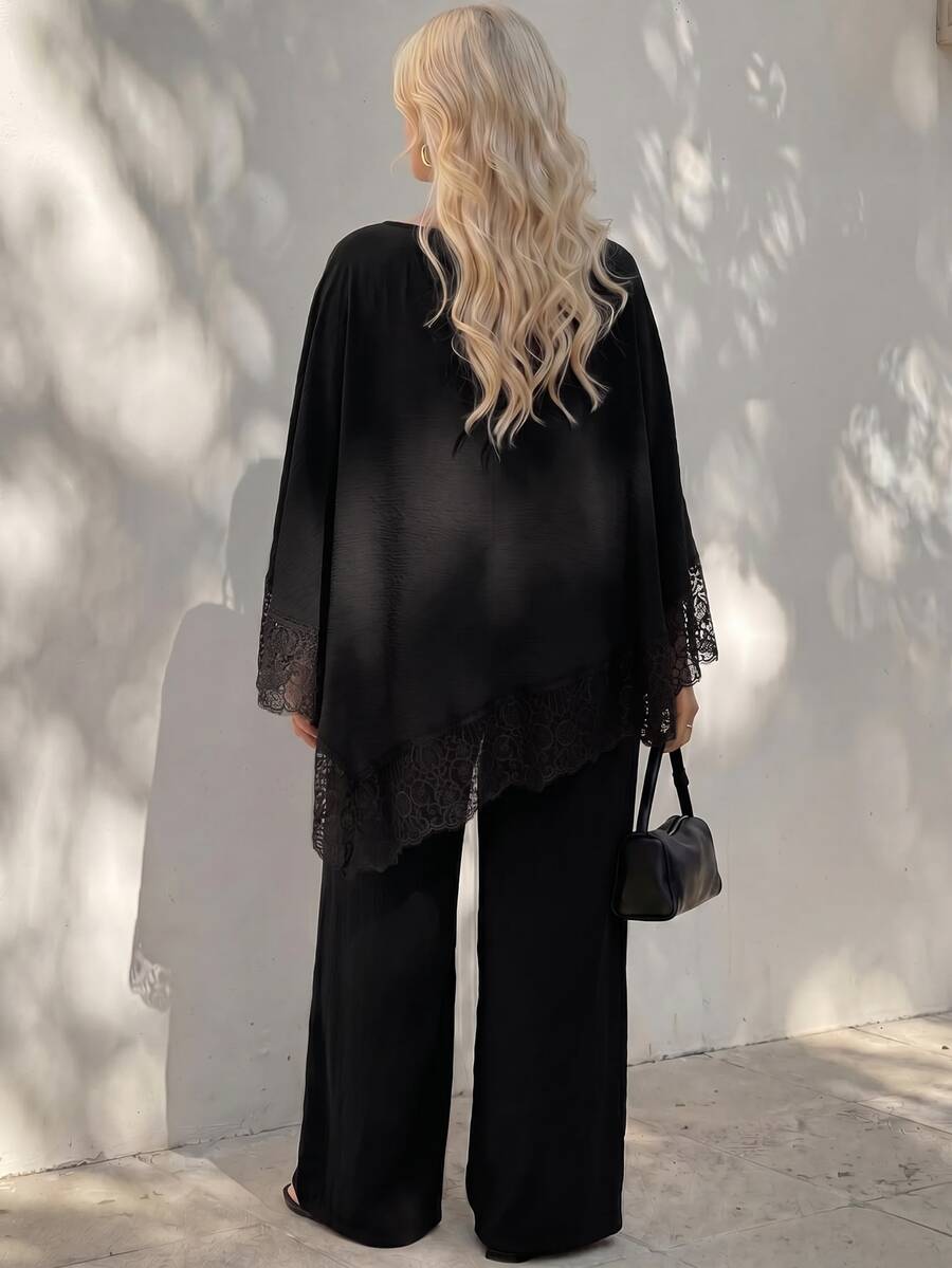 Plus Size Open Shoulder Lace Trim Top