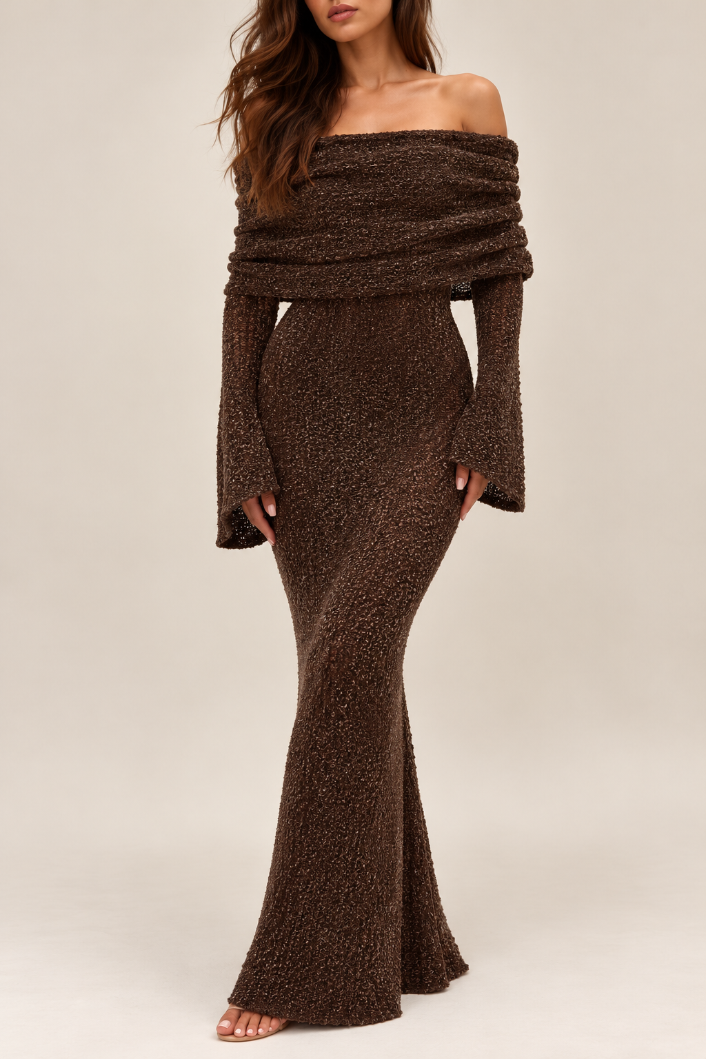 Knit Off Shoulder Boucle Maxi Dress