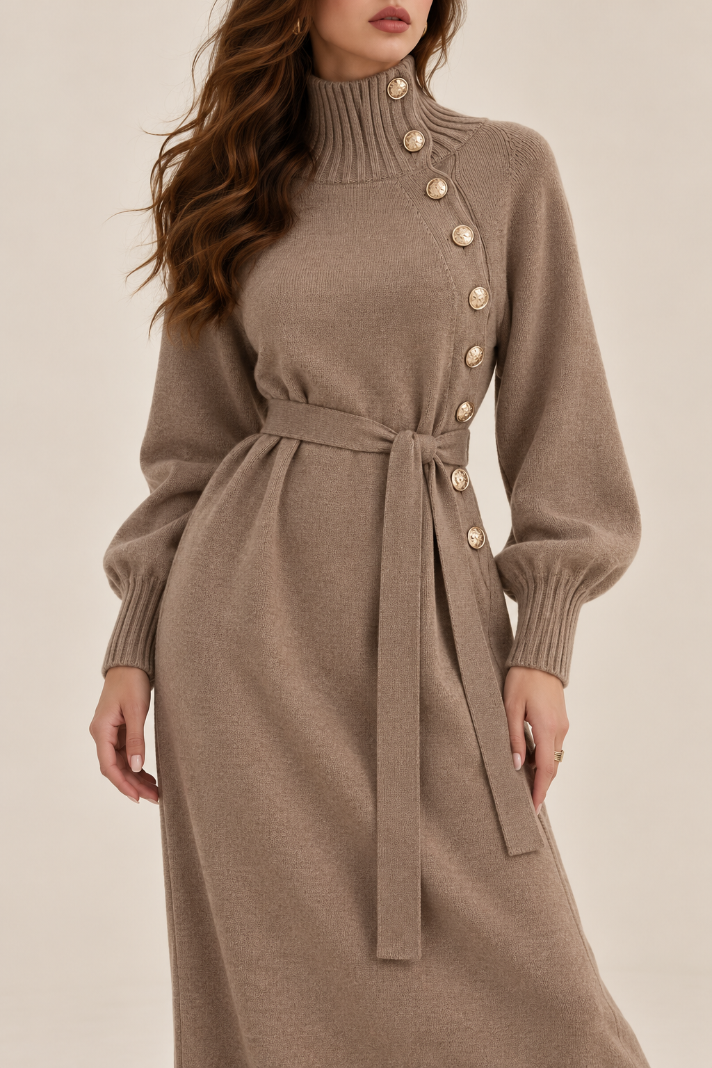 High Neck Belted Knit Midi Dress