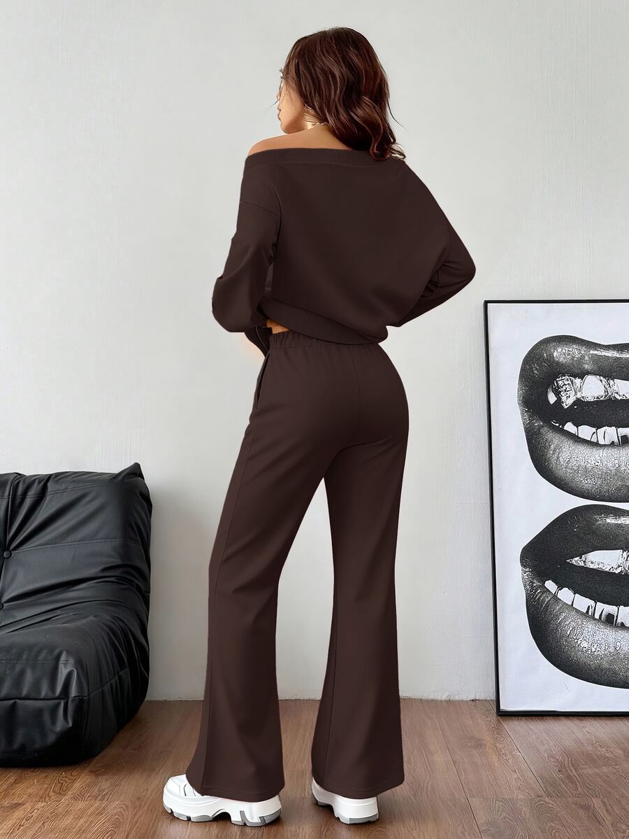 Cold Shoulder Sweatshirt and Flare Pants Set