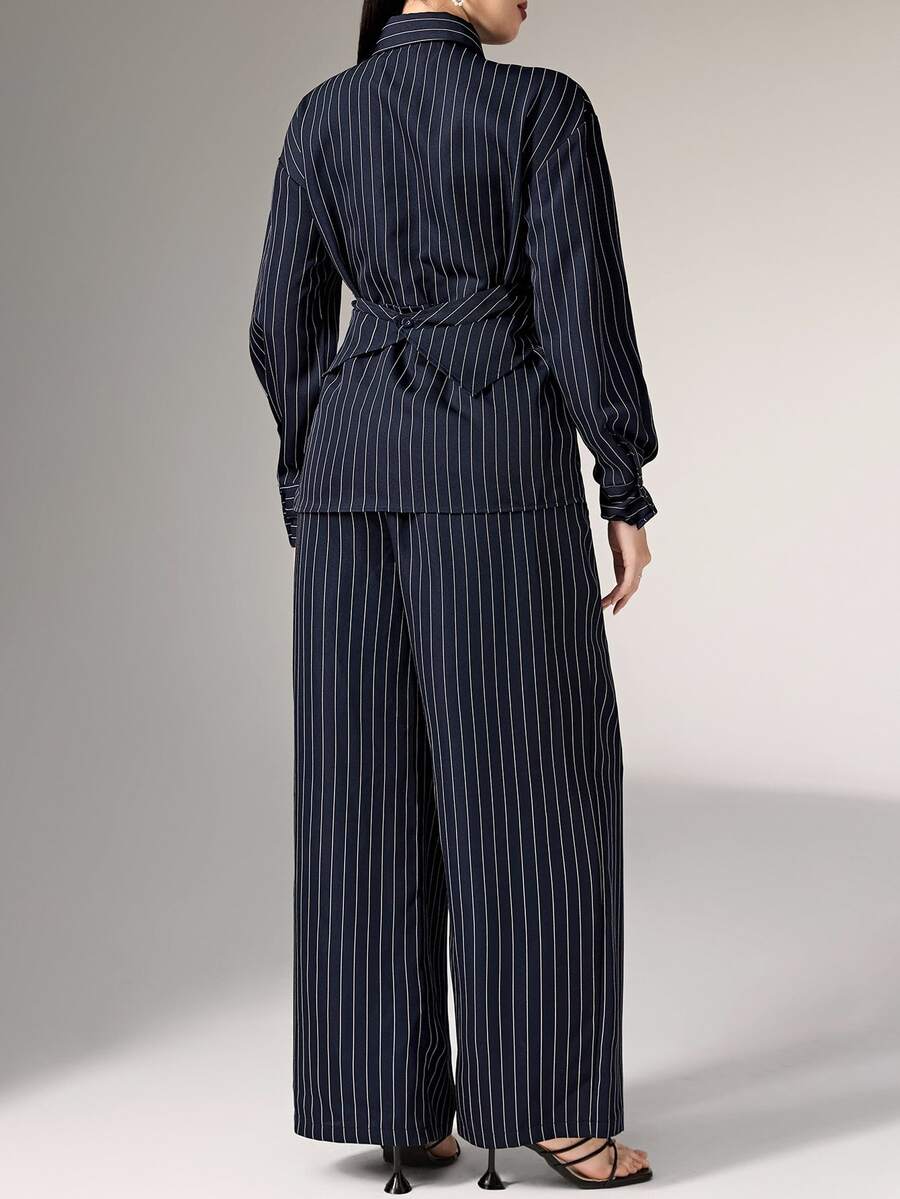Cinched Waist Wrap Shirt and Pants Set