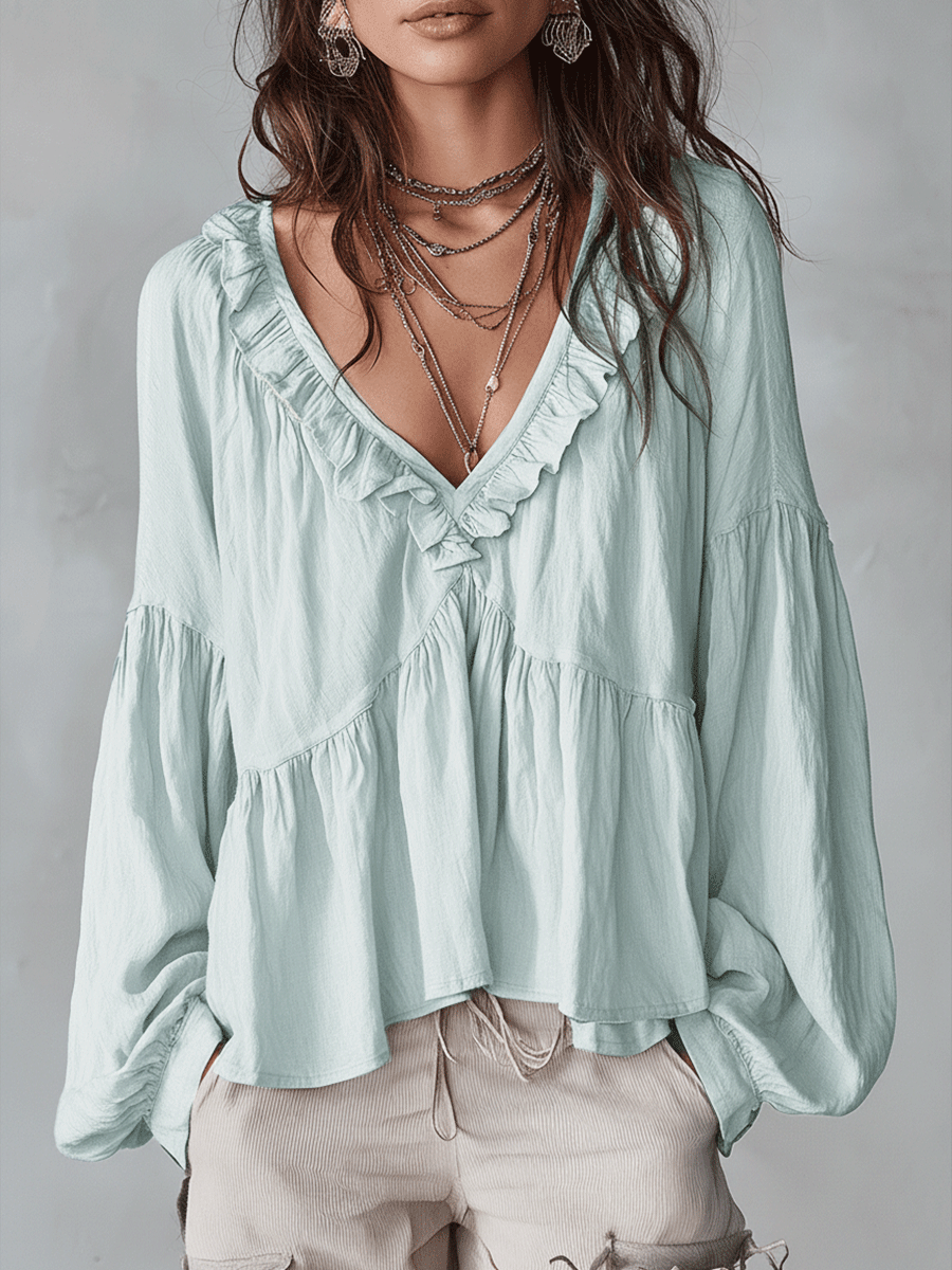 Ruffle V Neck Tiered Blouse with Balloon Sleeves