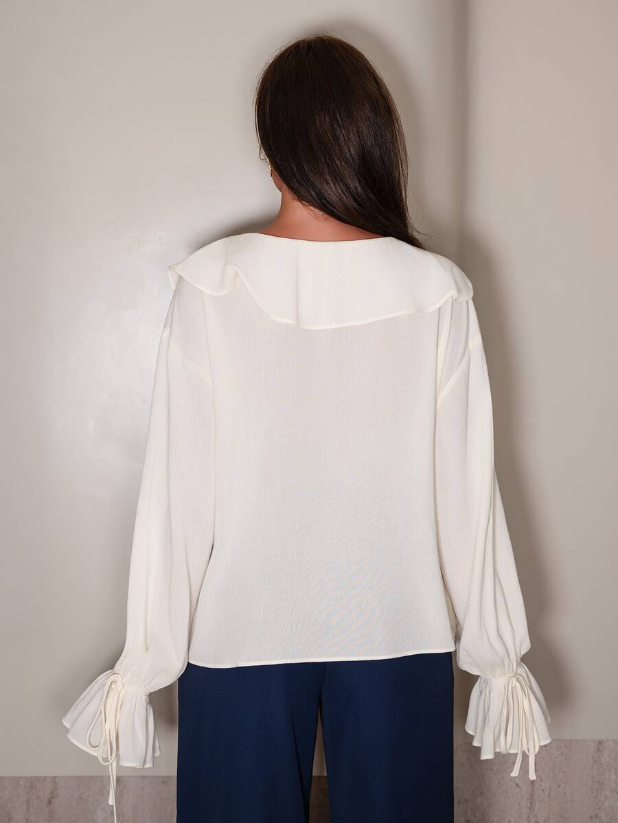 Linen Blend Ruffle Hem Sheer Blouse