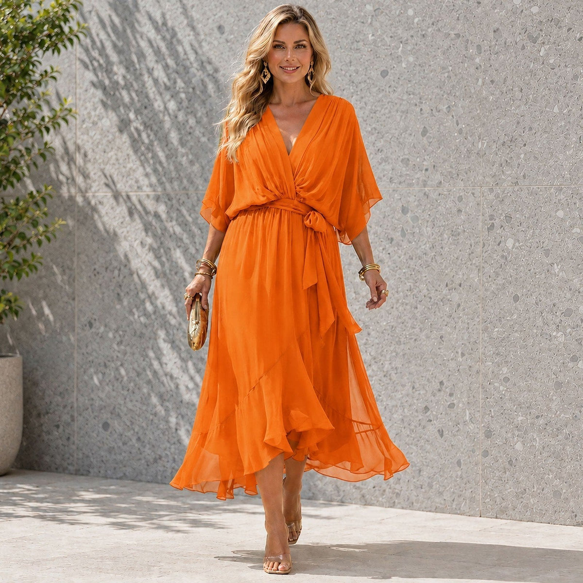 Layered V Neck Wedding Guest Dress