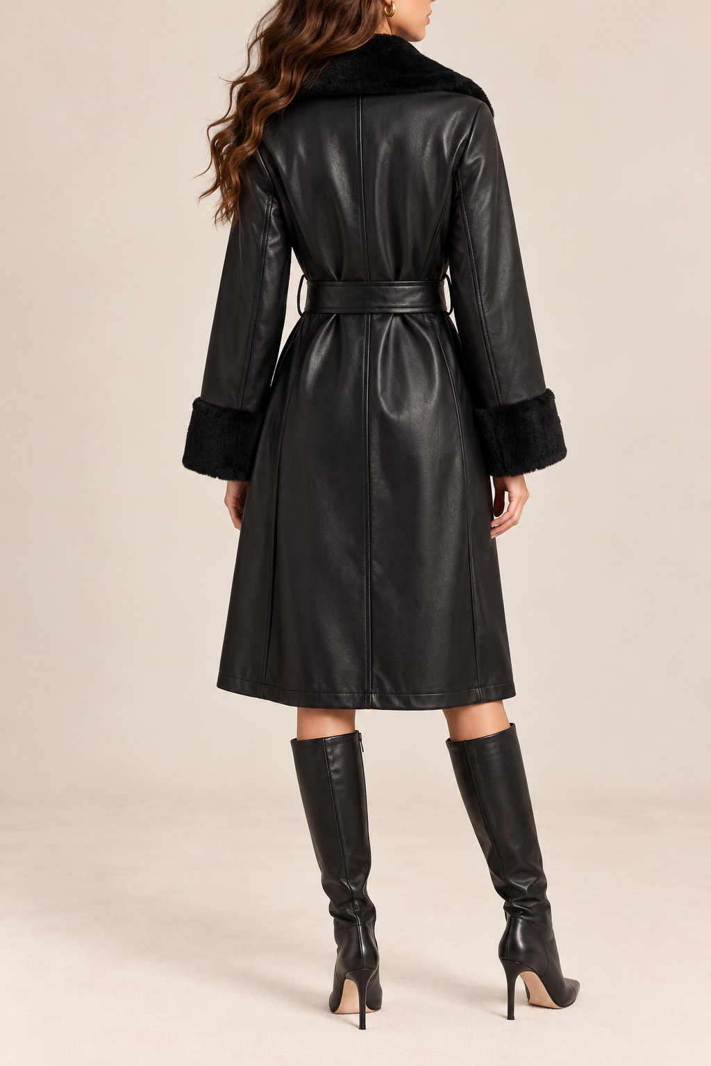 Faux Fur Panel PU Leather Trench Coat