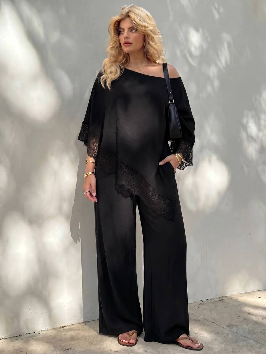 Plus Size Open Shoulder Lace Trim Top