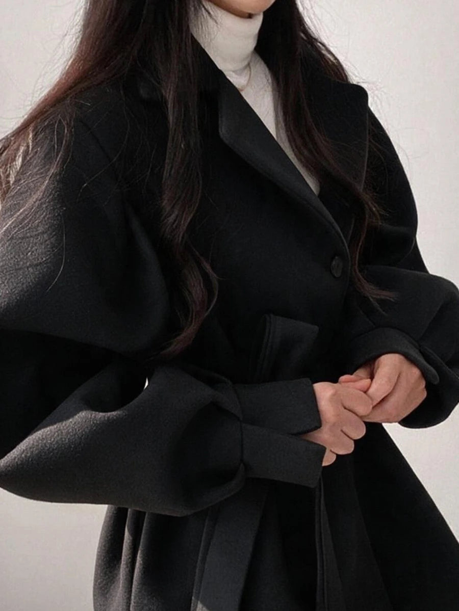 Belted Tweed Double Breasted Long Jacket