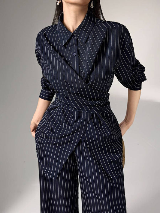 Cinched Waist Wrap Shirt and Pants Set