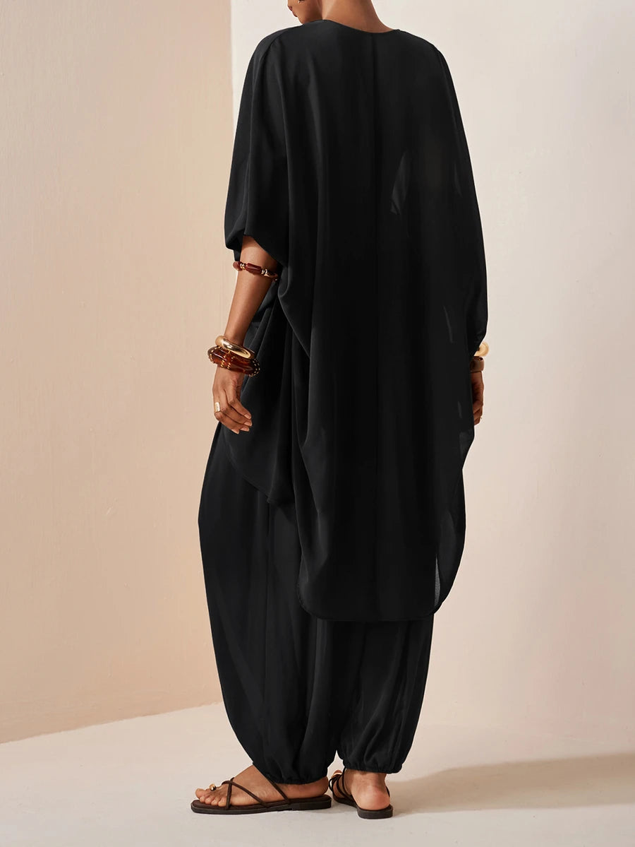 Chiffon V Neck Blouse and Pants Set