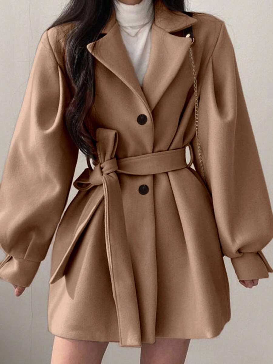 Belted Tweed Double Breasted Long Jacket