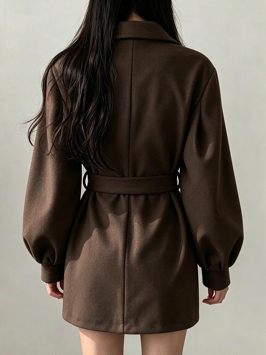 Belted Tweed Double Breasted Long Jacket