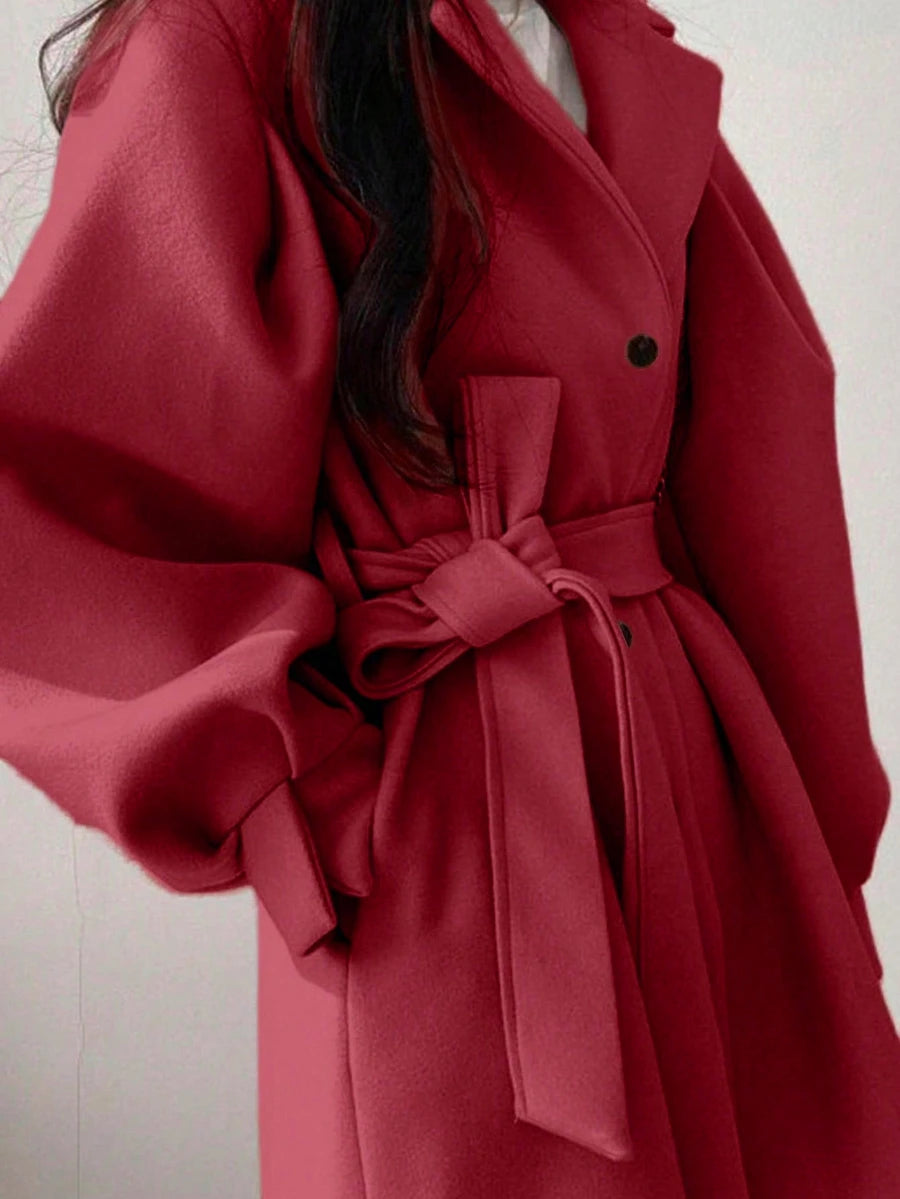 Belted Tweed Double Breasted Long Jacket
