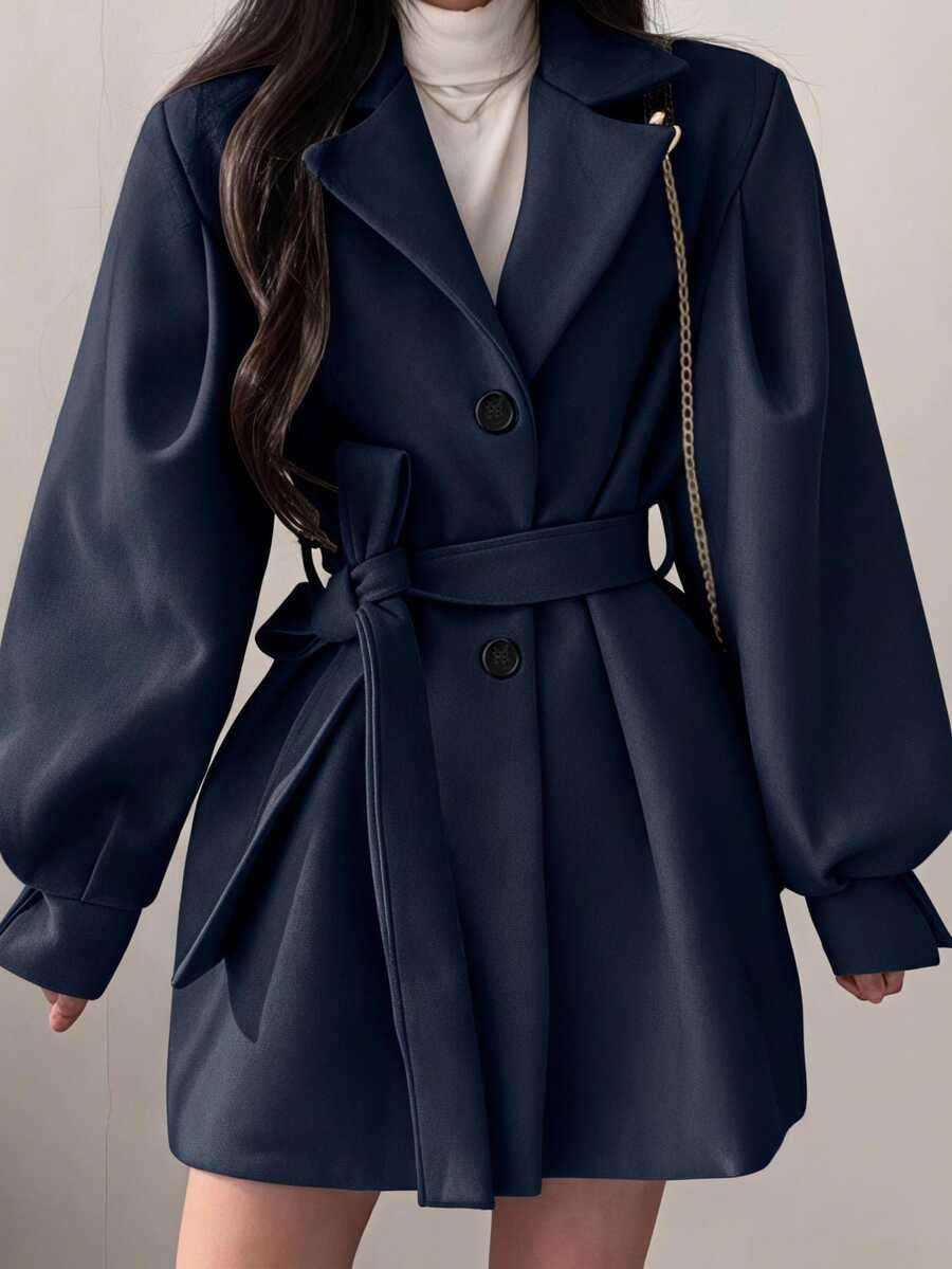 Belted Tweed Double Breasted Long Jacket
