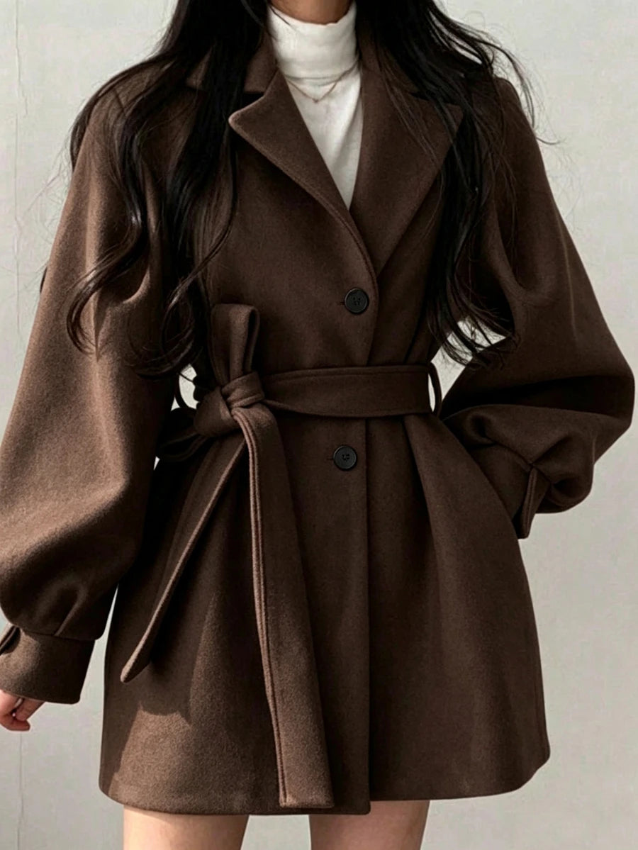 Belted Tweed Double Breasted Long Jacket