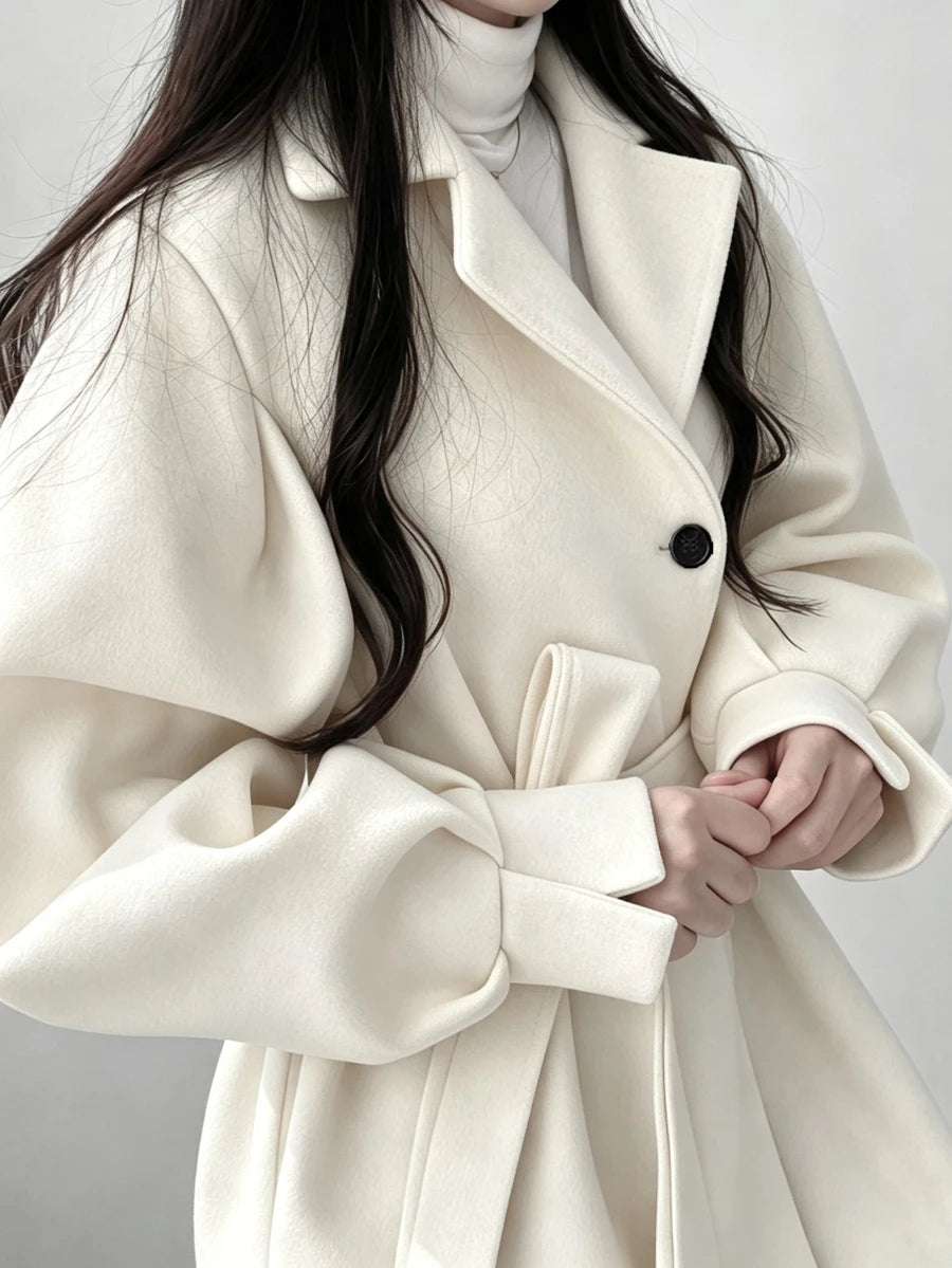 Belted Tweed Double Breasted Long Jacket