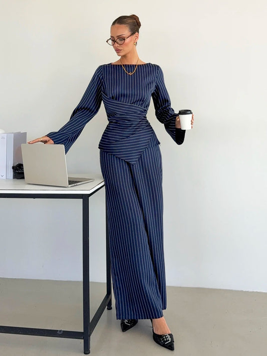 Striped Ruched Top and Pants Set