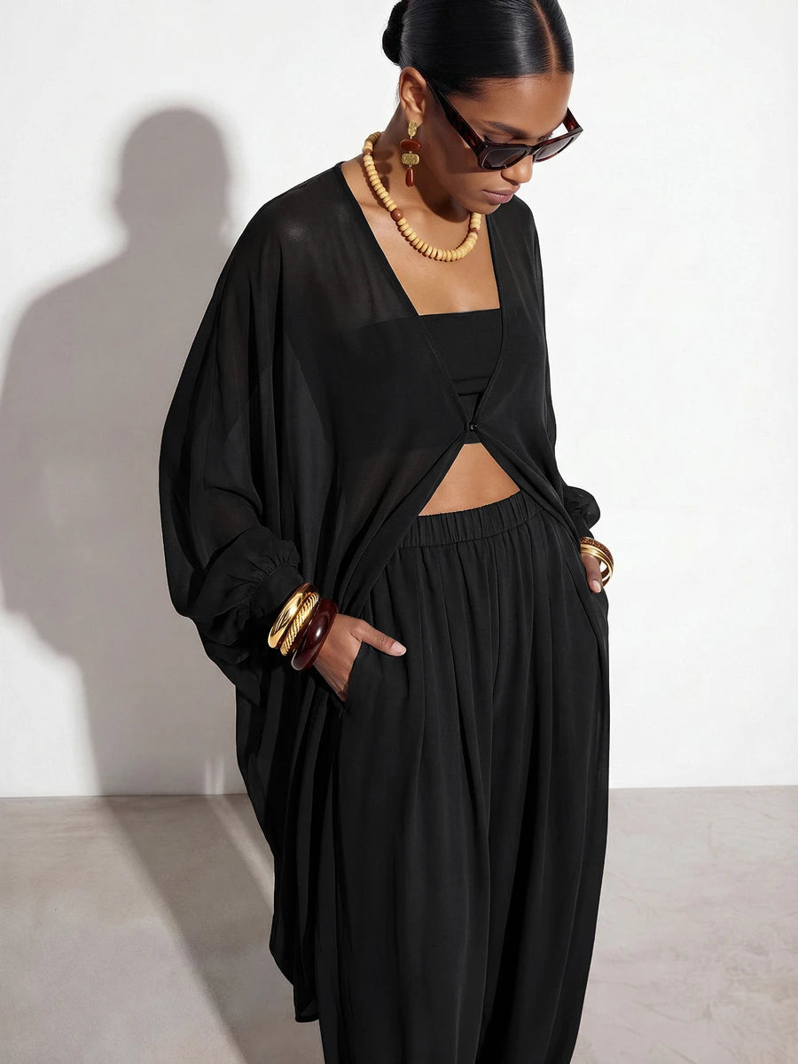 Chiffon V Neck Blouse and Pants Set