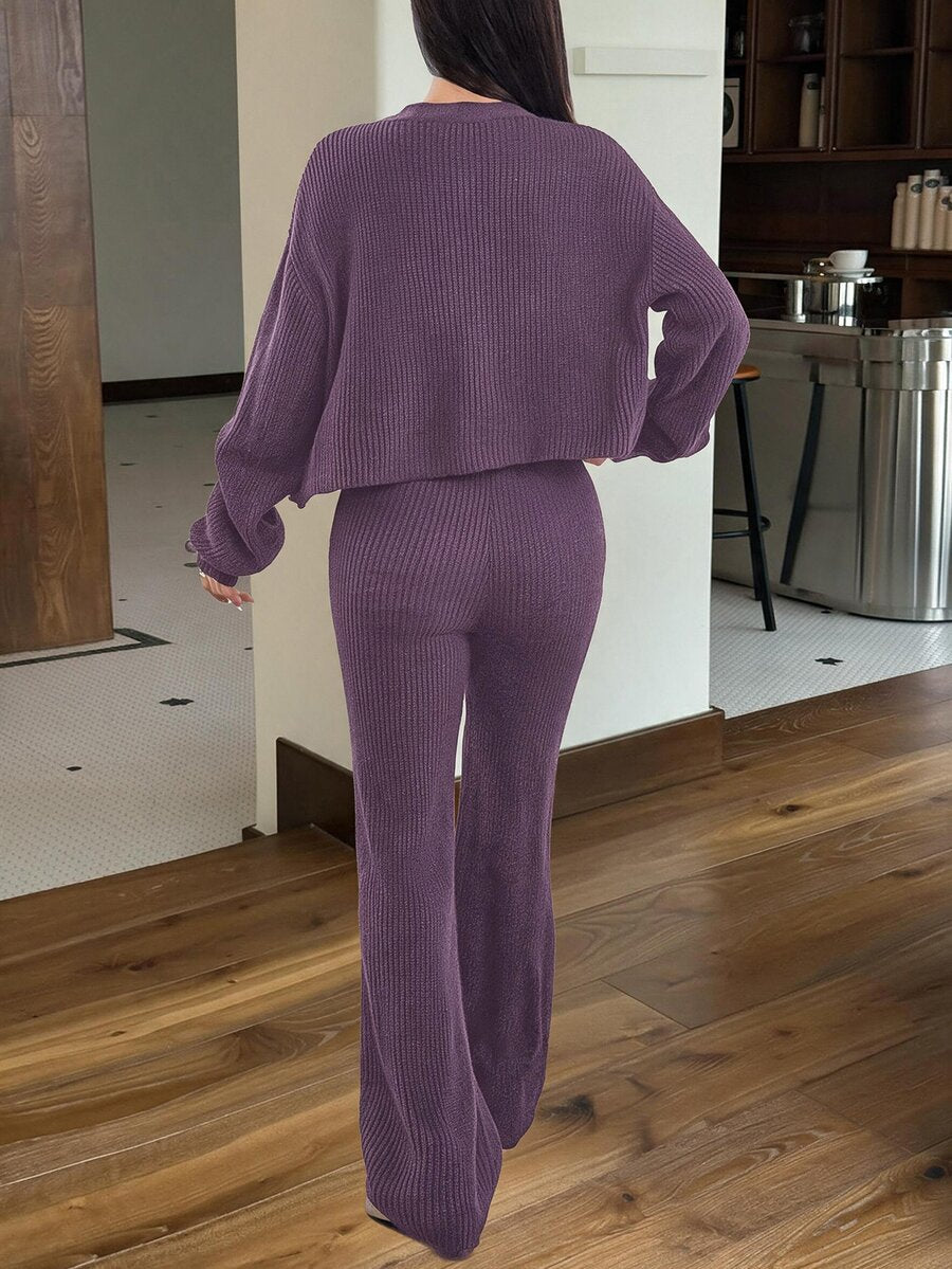 Ribbed Cardigan and Drawstring Flare Pants Set