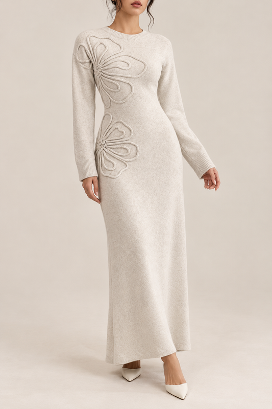 3D Rose Round Neck Knit Midi Dress