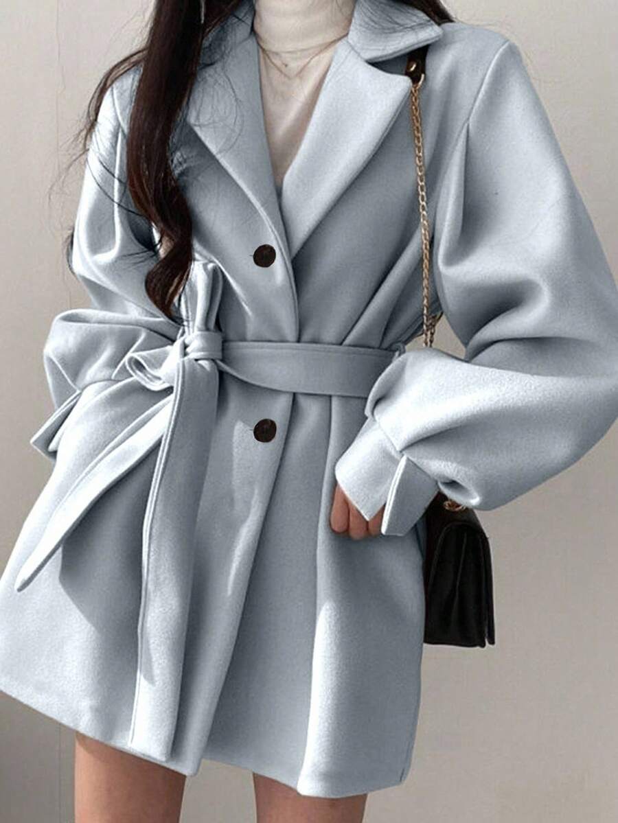 Belted Tweed Double Breasted Long Jacket