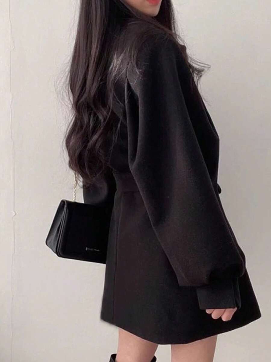 Belted Tweed Double Breasted Long Jacket