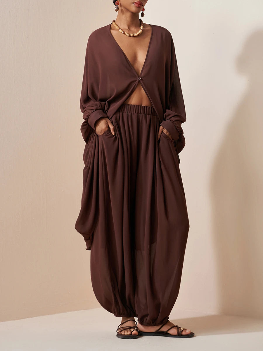 Chiffon V Neck Blouse and Pants Set