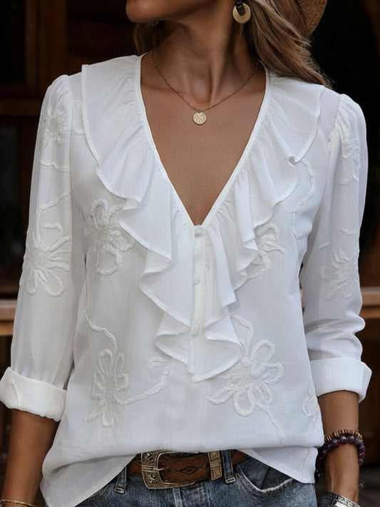 Floral Embroidered V Neck Blouse