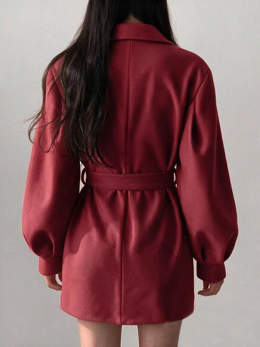 Belted Tweed Double Breasted Long Jacket